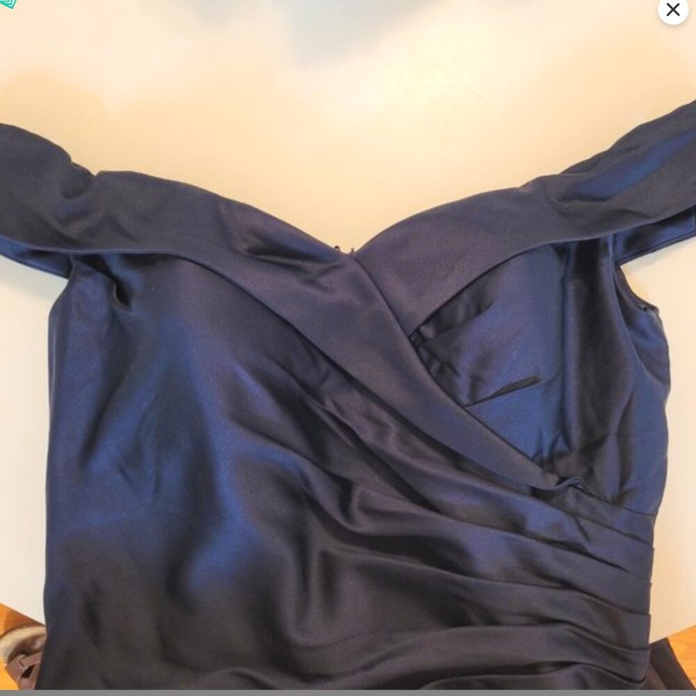 La Femme Off Shoulder Ruched Satin Trumpet Gown in Midnight Blue, size 10, NWOT! - Picture 7 of 11